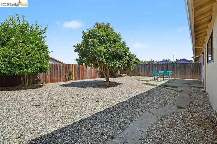 Expansive backyard featuring gravel landscaping, mature trees, a privacy fence, and a concrete patio