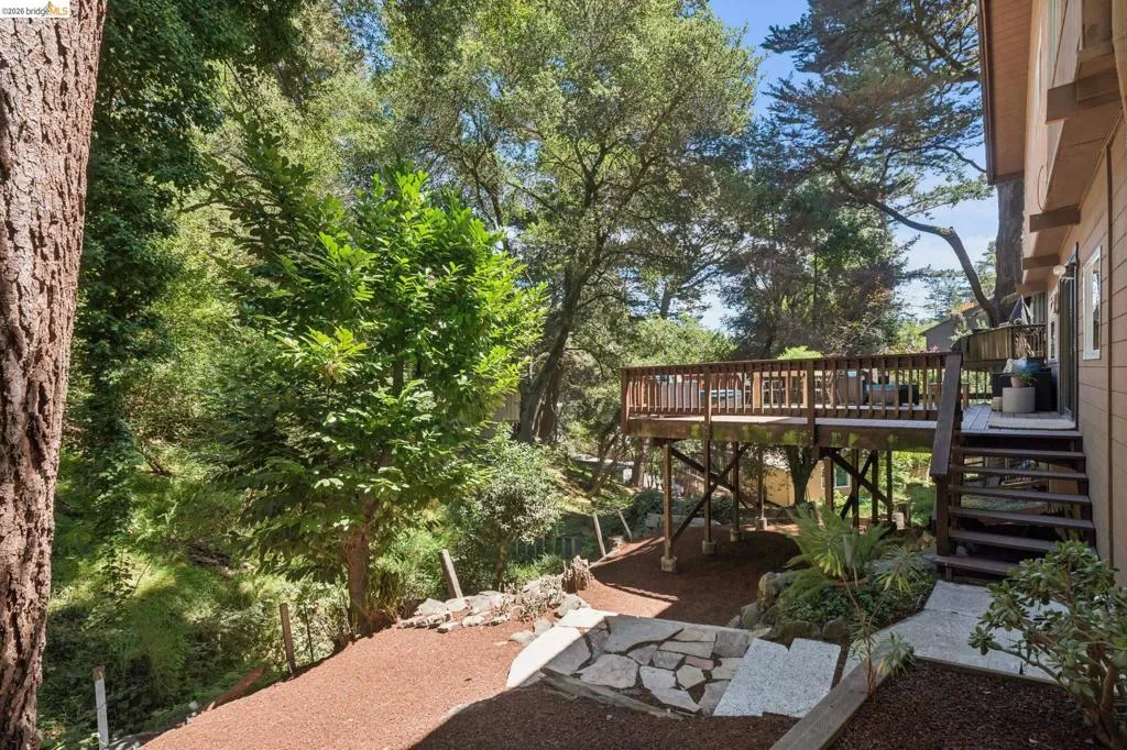 Elevated wood-plank deck with wood railings and stairs, surrounded by mature trees, and a stone pathway