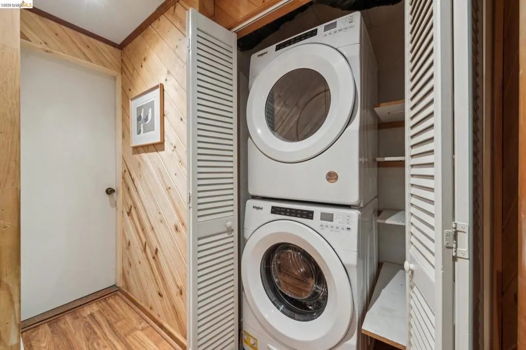 Wood-finish flooring with plank-style wall paneling
