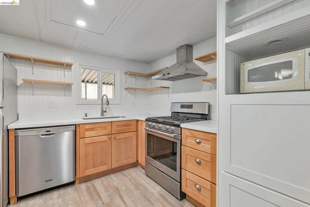 Kitchen featuring open shelves, stainless steel appliances, island exhaust hood, light wood finished floors, and recessed lighting
