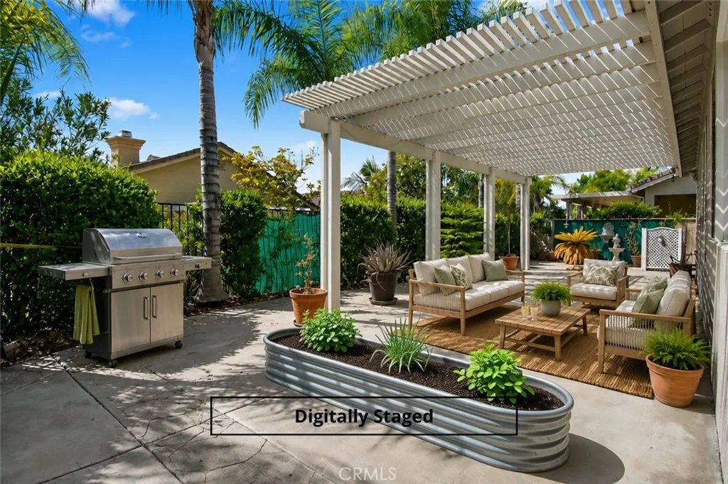 Vinyl cabana / pergola + a low maintenance backyard complete with palms swaying in the breeze Vinyl cabana / pergola + a low maintenance backyard complete with palms swaying in the breeze