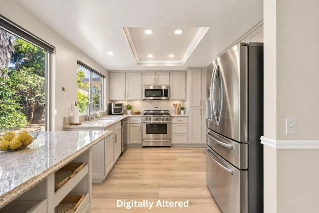 Rendering with cabinets painted off-white & stainless steel range. Rendering with cabinets painted off-white & stainless steel range.