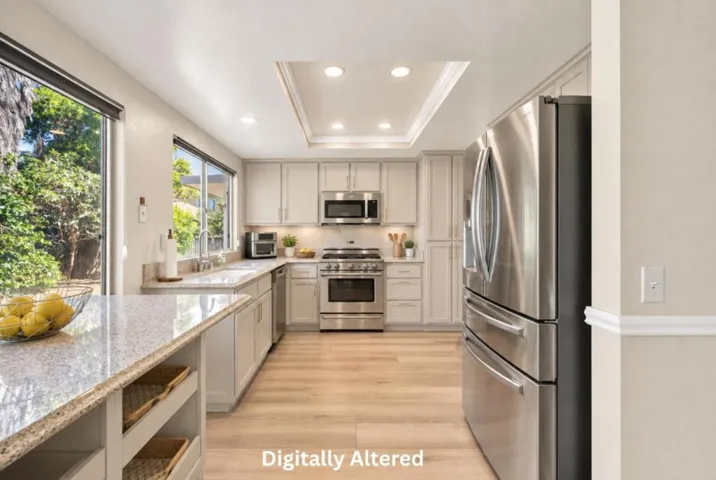 Rendering with cabinets painted off-white & stainless steel range.