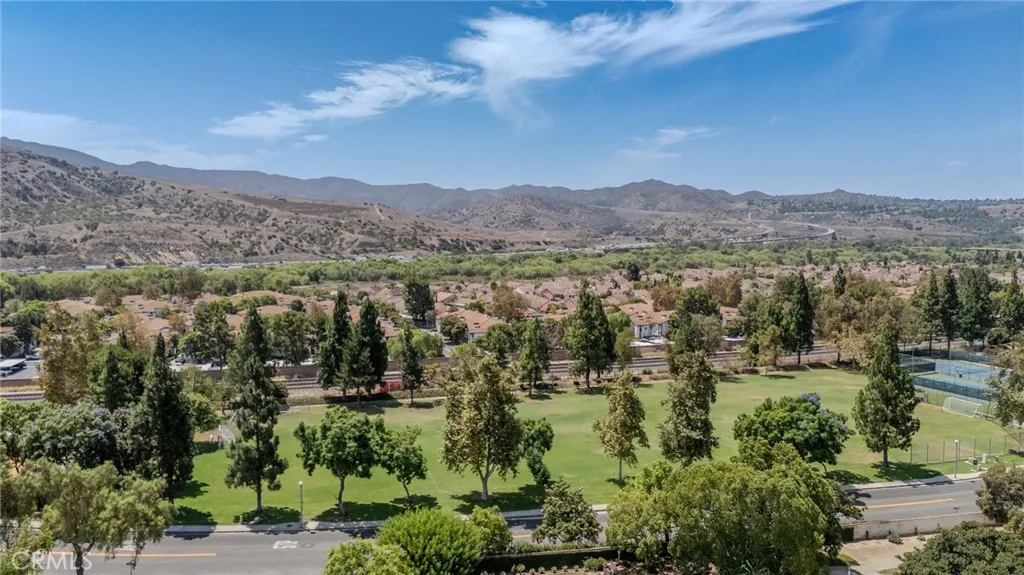 Aerial view from the culdesac looking at Brush Canyon Park at the end of the street and the surrounding canyon area.