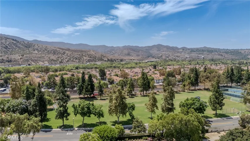 Aerial view from the culdesac looking at Brush Canyon Park at the end of the street and the surrounding canyon area.
