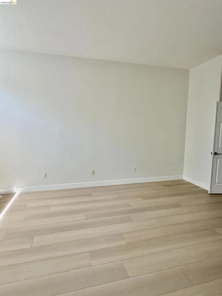 Neutral wall color, light wood-finish flooring, and a white interior door