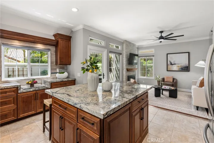 Open-concept kitchen and family room with large island, fireplace and abundant natural light.