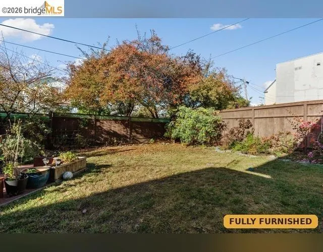 Expansive backyard featuring a grass lawn, mature trees, and a wood privacy fence