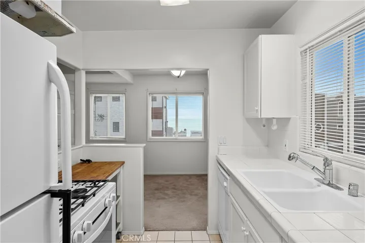 Kitchen with partial ocean views.