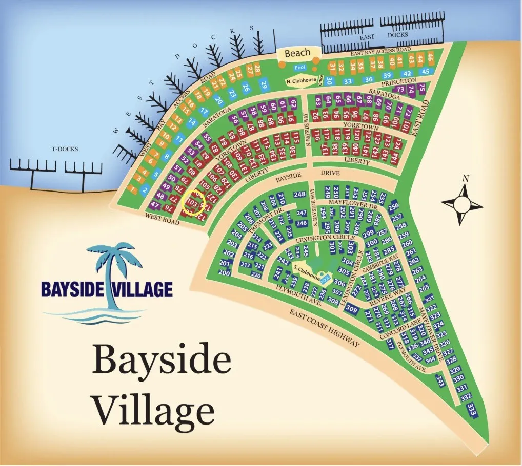Bayside Village Map. 103 Circled, Yellow