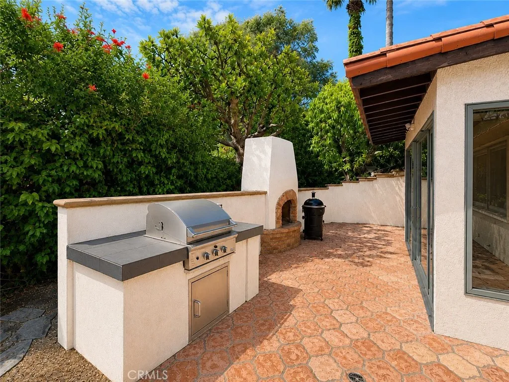 Dedicated barbecue area with outdoor fireplace and pellet smoker