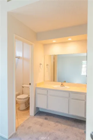 Vanity area with generous counter and cabinet space, large mirror, and separate bathroom area.