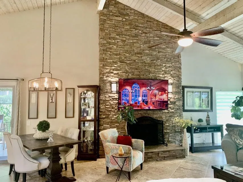 Stack stone fireplace