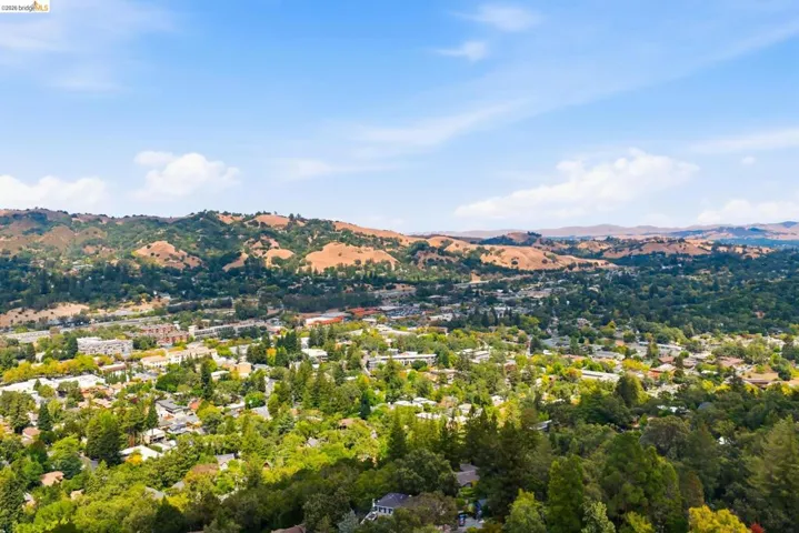 Expansive aerial perspective showcasing a verdant landscape with extensive tree cover and a distant mountainous backdrop