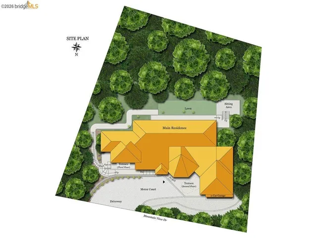 Site Plan. Illustrating the property's layout, including the main residence, surrounding landscaping, and access points