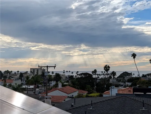 Breathtaking daytime rooftop view showcasing the Pacific Ocean, coastal skyline and swaying palm trees beneath a dramatic sky.