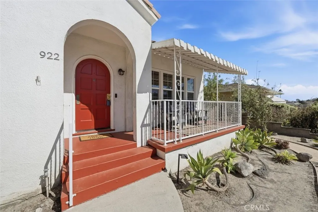 Front porch with awning faces west