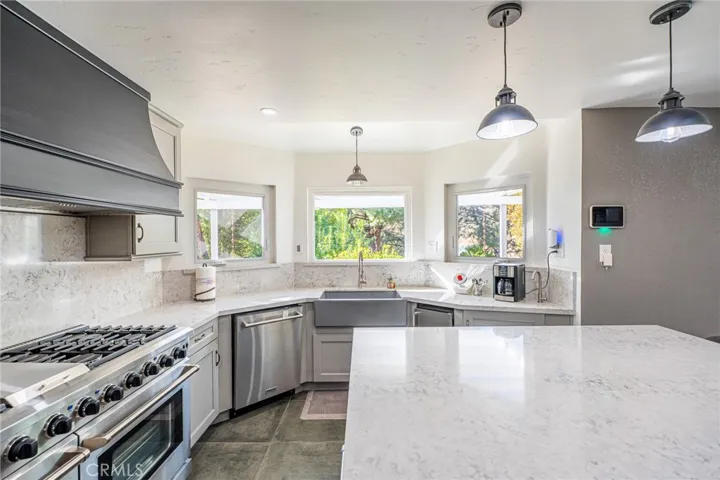 Kitchen and view to backyard