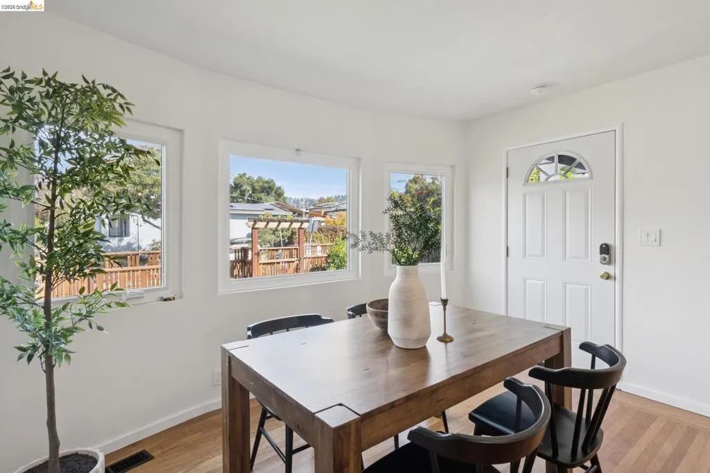 Wood-finish flooring, white walls, and multiple windows