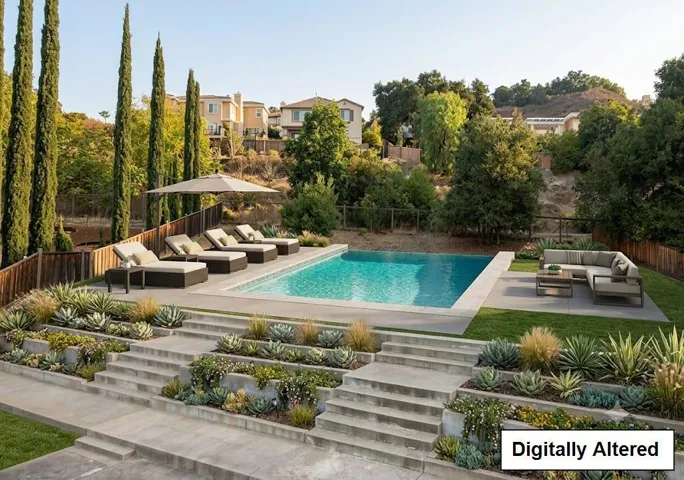 Digitally altered to show potential of backyard with its existing cascading planters.