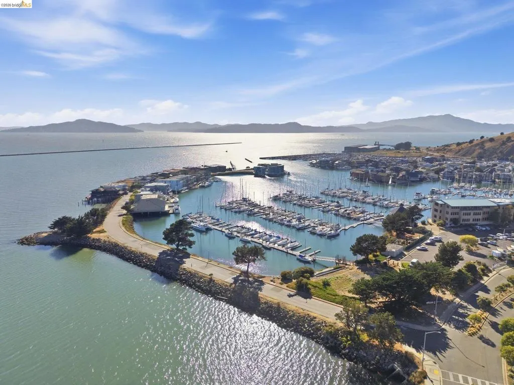 Marina setting with numerous boat slips, a paved waterfront road, and surrounding buildings