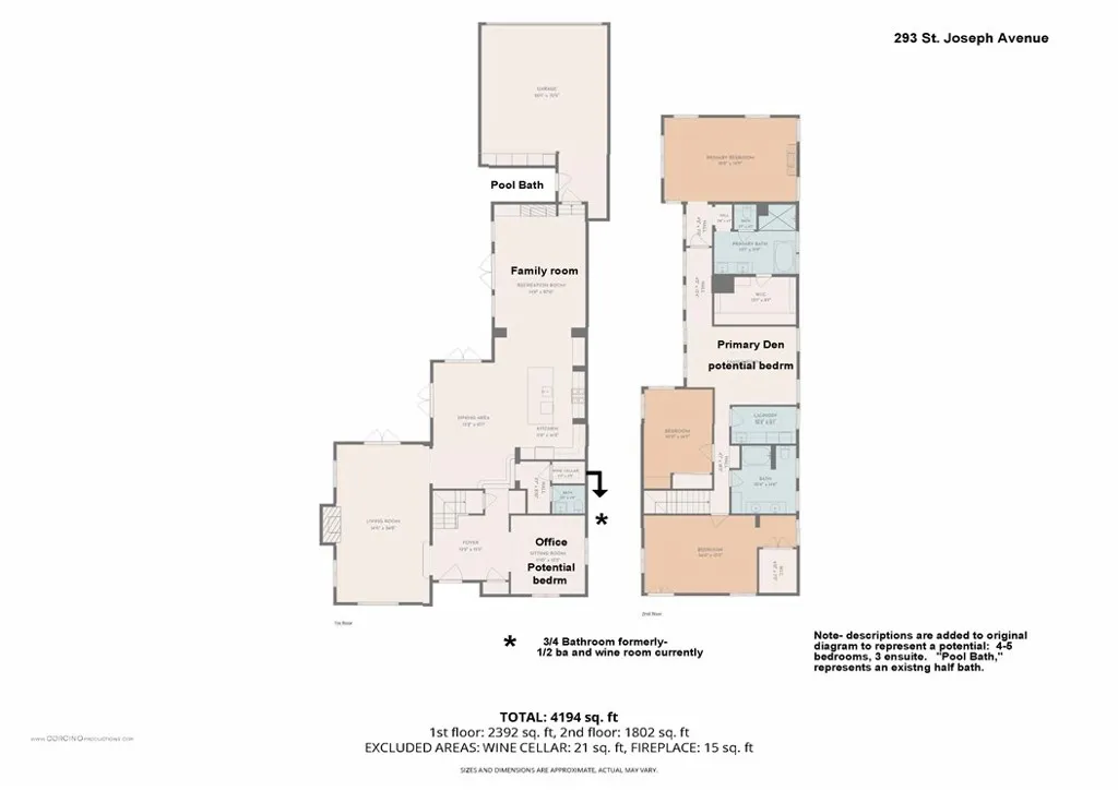 Captions are added to the original Floorplan to provide options for a potential 4-5 bedroom, 3 en-suite, total 3.5 bath, the "Pool Bath" is an existing 1/2 bath which opens to the loggia and pool.  Currently 3 be 2 gull and 2 half bathroom.