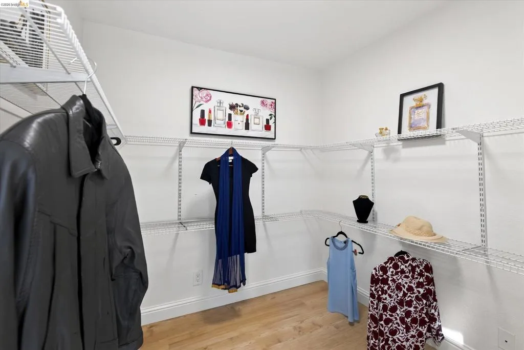 Walk-in closet featuring light wood-finish flooring, white walls, and built-in wire shelving