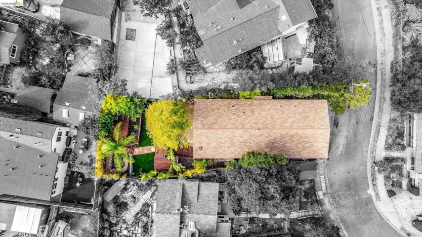 Expansive rear yard with mature trees, a manicured lawn, and hardscaping elements