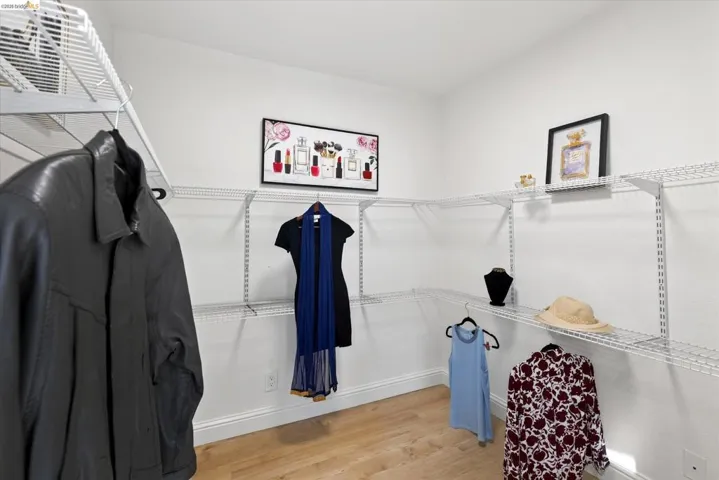 Walk-in closet featuring light wood-finish flooring, white walls, and built-in wire shelving