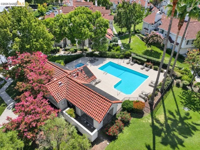 Community pool with integrated spa, surrounding sun deck, and mature landscaping