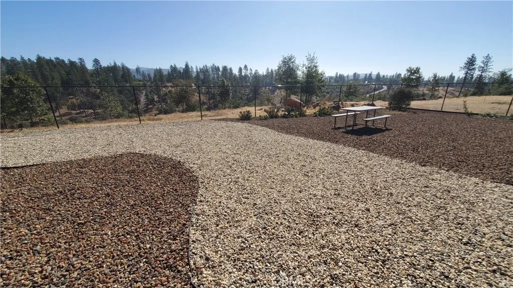 View of fully fenced back yard with low maintenance landscaping. View of fully fenced back yard with low maintenance landscaping.
