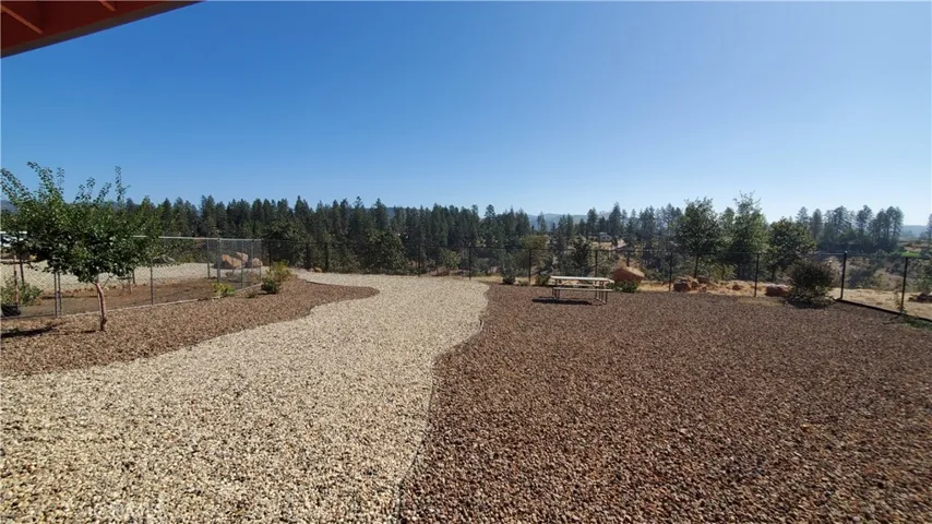 View of fully fenced back yard with garden area to the left.
