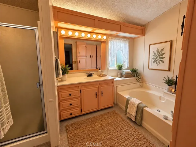 Primary Bathroom with Separate Tub & Shower and extra storage! Virtually Staged.