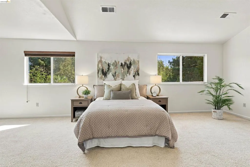 White walls, light-toned carpet flooring, and two windows