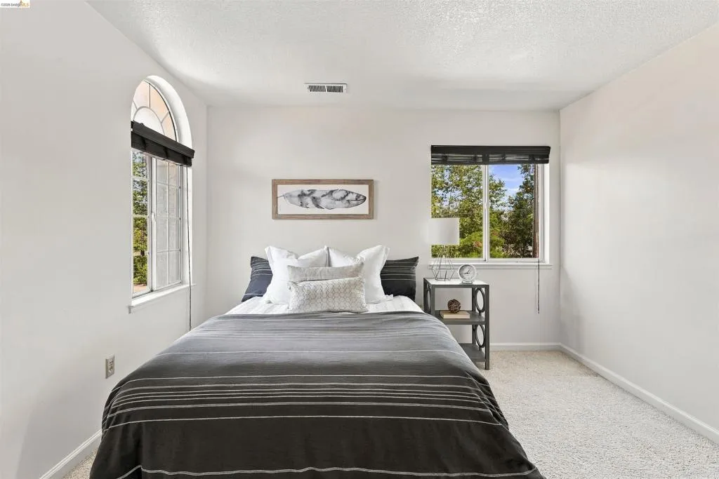 Arched window with gridded pane, additional rectangular window, and light-toned carpeting
