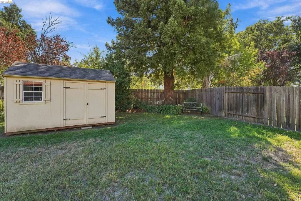 Spacious backyard featuring a storage shed with a window and double doors, mature trees, and a wooden privacy fence
