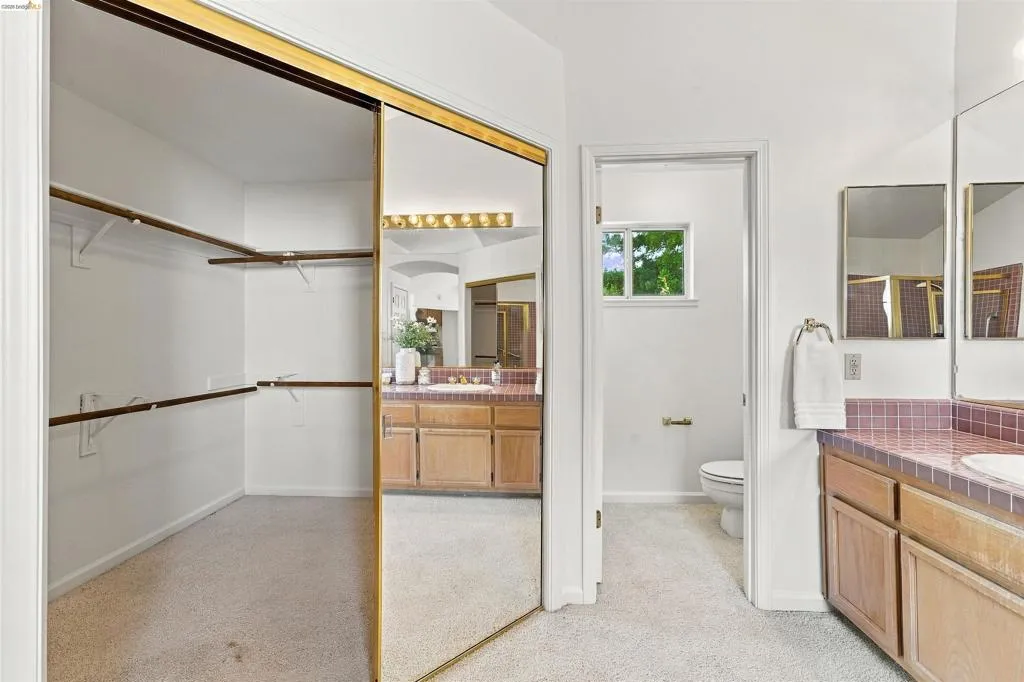 Closet with built-in shelving, mirrored sliding doors, and light-colored carpeting