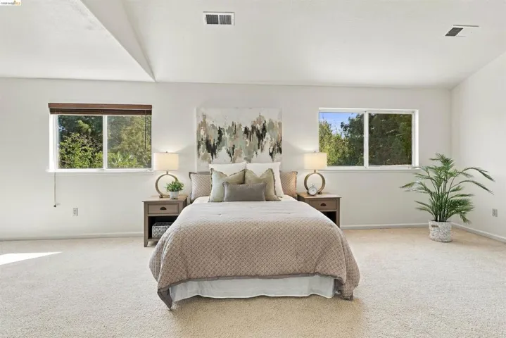 White walls, light-toned carpet flooring, and two windows