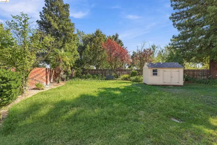 Expansive grassy yard with a detached storage shed, fenced perimeter, and mature trees