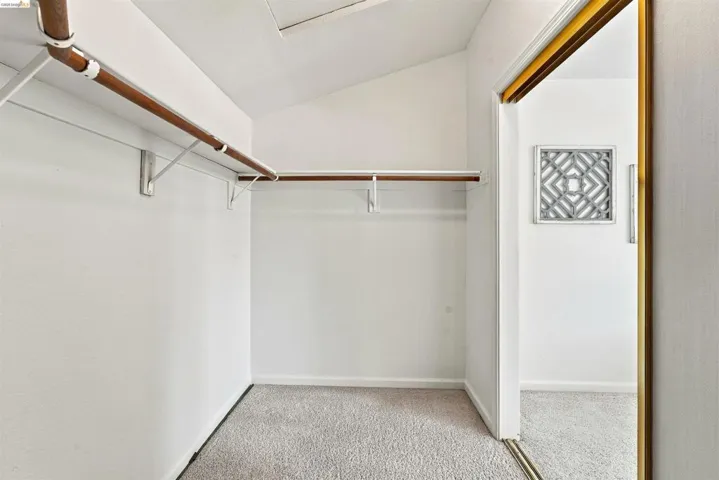 Carpeted closet with a sloped ceiling and built-in shelving