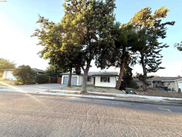 Single-story residence featuring a white exterior, attached two-car garage, and established front landscaping