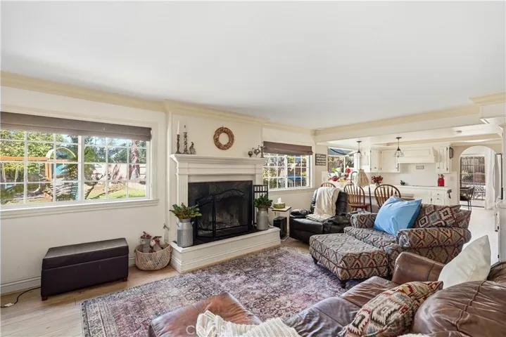 Living room with view of kitchen