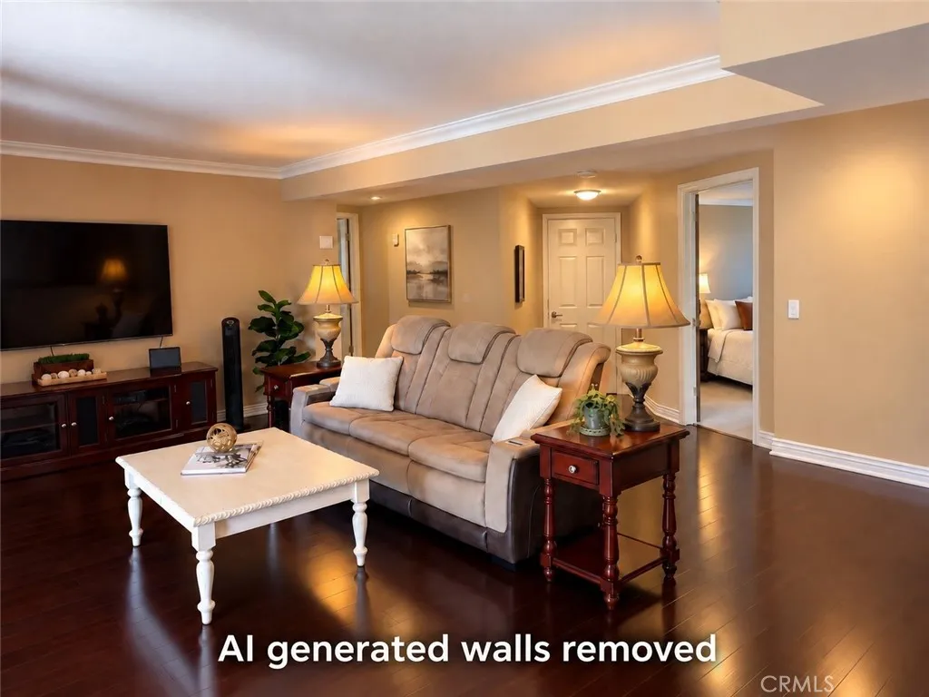 AI generated photo with pony wall and wall removed behind couch.
