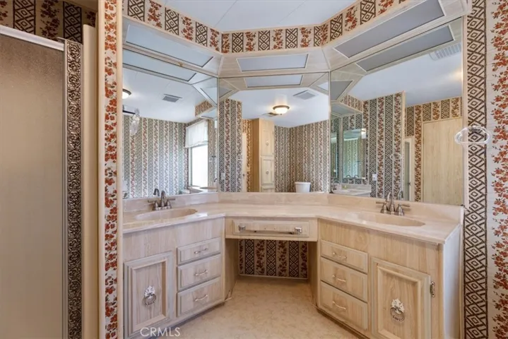 primary suite bathroom tub separate shower dual sinks