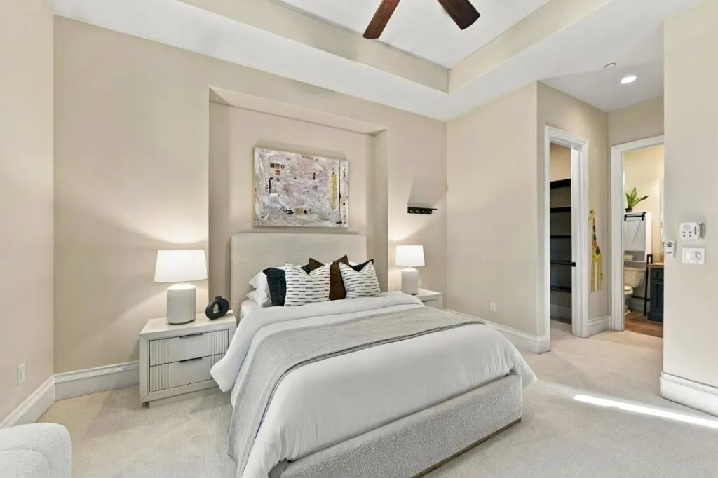 Primary bedroom with upholstered bed and designer artwork, Los Gatos Primary bedroom with upholstered bed and designer artwork, Los Gatos