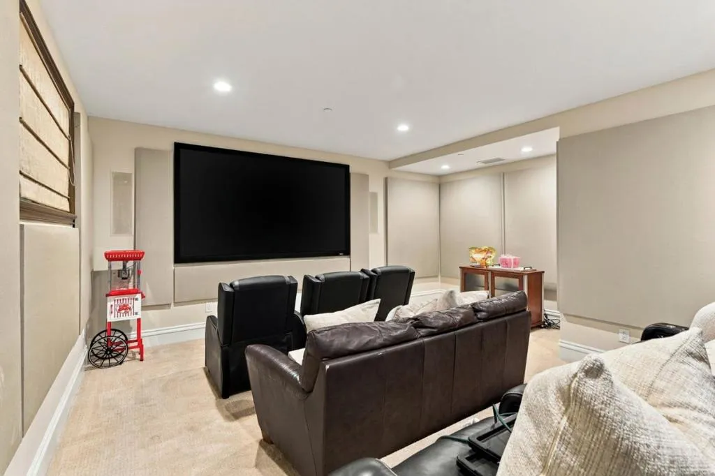 Basement home theater with large screen and leather seating, Los Gatos Basement home theater with large screen and leather seating, Los Gatos