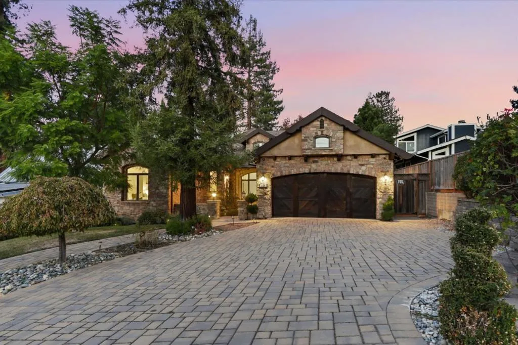 Paver driveway and garage doors at twilight, Los Gatos Paver driveway and garage doors at twilight, Los Gatos