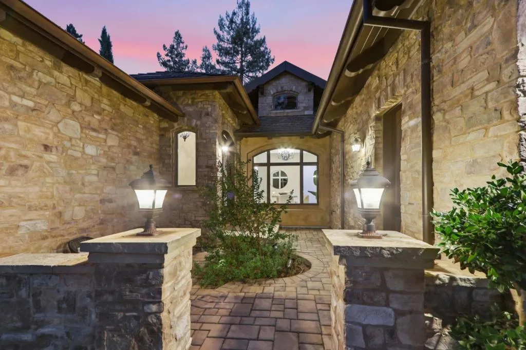 Entry courtyard with lantern lighting at dusk, Los Gatos Entry courtyard with lantern lighting at dusk, Los Gatos