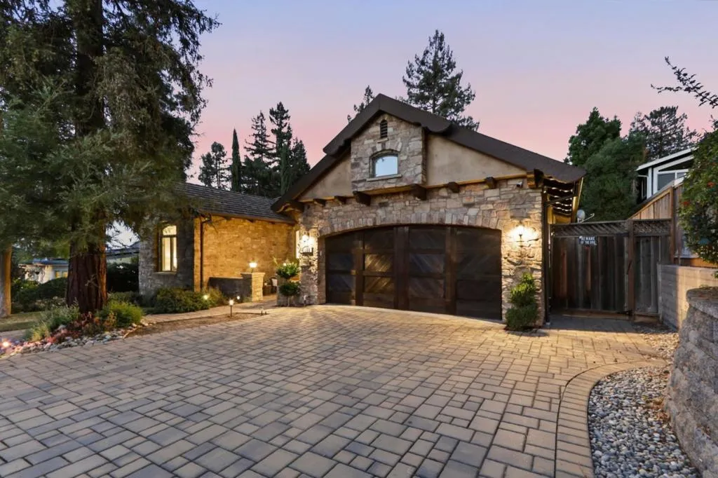 Garage doors and paver motor court at dusk, Los Gatos Garage doors and paver motor court at dusk, Los Gatos