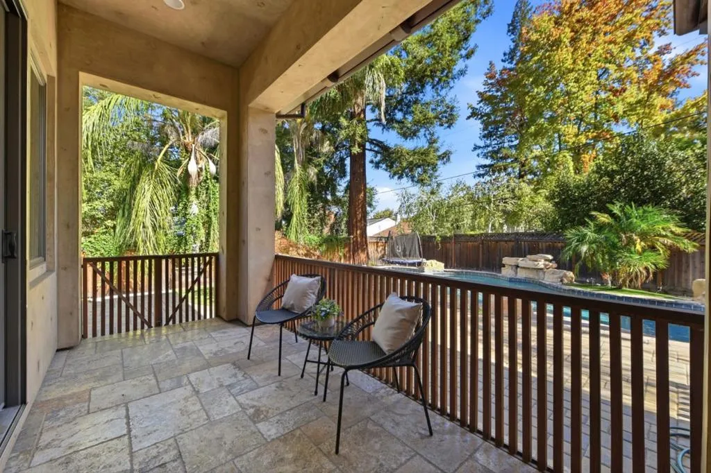 Covered deck with wood railing overlooking the backyard, Los Gatos Covered deck with wood railing overlooking the backyard, Los Gatos